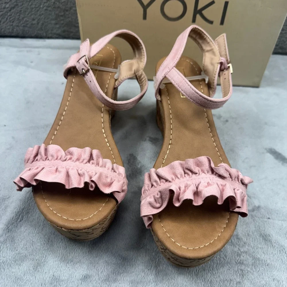 Yoki Carrin-40 Blush Pink Ruffle Cork Wedge Platform Sandals Womens 7.5‎